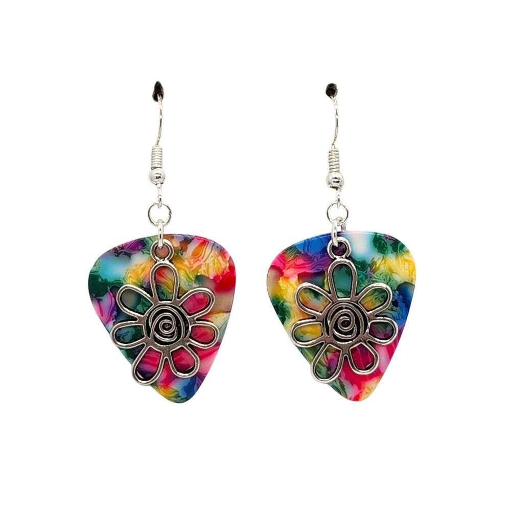 Lg Flower Charm on Guitar Pick Earrings - Choose Color - Handmade in USA